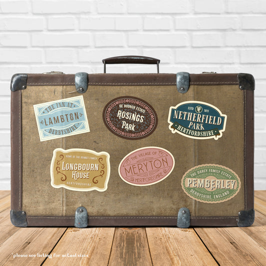 Pride and Prejudice Vintage Travel Labels Pack of 6 Vinyl Stickers