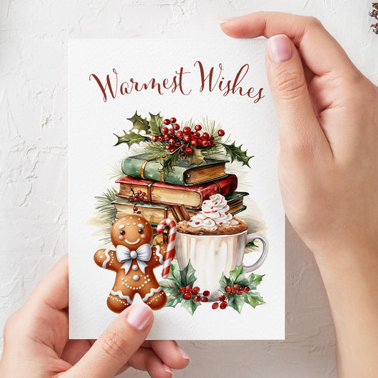 Cozy Bookish Christmas Card Warmest Wishes